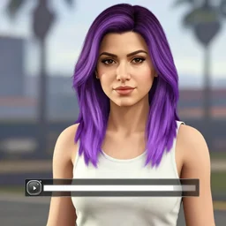 a stunning GTA V loading screen with a beautiful woman with ombre hairstyle in purple and pink blowing in the wind, sunset, outrun, vaporware, retro, digital art, trending on artstation