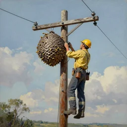 A lineman working on a utility pole. a wasp nest, bee hive attached to the pole. painting, commercial illustration, 1960s,