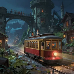 a streetcar is running on the maple leaf sea, unreal engine, fantasy art by greg, loish, rhads, ferdinand knab, makoto shinkai and lois van baarle, ilya kuvshinov, rossdraws, tom bagshaw, night lighting, trending onstudio ghibli, highly detailed, octane render, 8 k