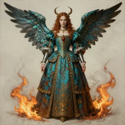 character concept sheet of an angel knight gothic in baroque dress. by ( rembrandt painting ( 1 0 0 ) ( fractal flame ) ), highly detailded, turquoise rust