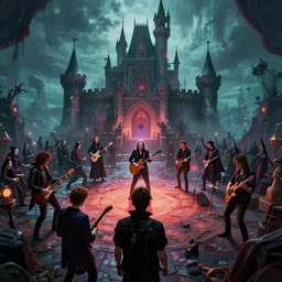 a emo band performing a castle with a mosh pit of vampires, moebius, greg rutkowski, zabrocki, karlkka, jayison devadas, phuoc quan, trending on artstation, 8 k, ultra wide angle, video game graphics, realistic art, zenith view, cyberpunk pincushion lens effect