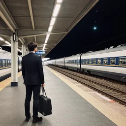 a man in a suit waiting at a train station with a view of outer space on the other side of the tracks, award-winning photograph