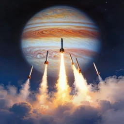 f 3 5 jet launching missiles in above the clouds of jupiter, beautiful jovian sky, vibrant color scheme, highly detailed, in the style of romanticism, cinematic, artstation, moebius, greg rutkowski