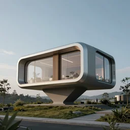 futuristic house on a pletform that allows elevating the house from ground level to 5 meters high