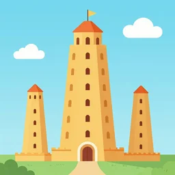 a simplified, stylized version of the Tower of Babel, colorful