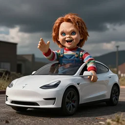 screaming chucky doll car salesman for tesla cars