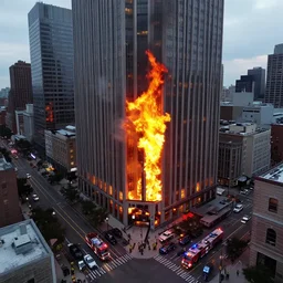 wide angle shot from aerial view of skyscraper on fire, with police and firetrucks on street, police car lights