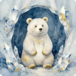 faerie bear in a crystal cave. this watercolor and gold leaf work by the award - winning mangaka has a beautiful composition and intricate details.