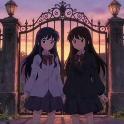 a very beautiful anime of Spooky Twin girls standing in front of a Victorian wrought iron gate at sunset