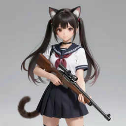 anime, full body, cute, smiling, female, a cute girl wearing a school uniform with cat ear headbands and holding a sniper rifle, gorgeous lighting, highly detailed, digital painting, art station, sharp focus, frontal view, illustration, concept art, advanced digital anime art