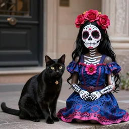 A black cat next to a catrina on the day of the dead