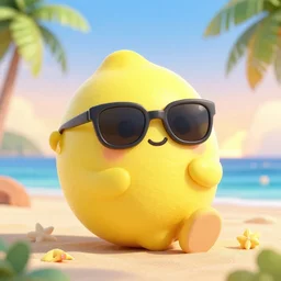 3 d octane render!!!!!!!!!!! of a cute smiling chibi lemon character wearing sunglasses relaxing on a tropical beach at sunrise