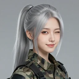 girl, silver hair (ponytail), (winking), multicam (camo), trending on artstation, detailed, cinematic full body shot, ilustration by Takehiko Inoue (((and Yoann Lossel))) (((and Yoji Shinkawa)))