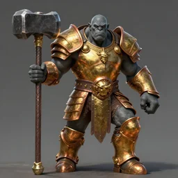 an epic artwork of a strong orc warrior in golden copper armor with a giant hammer, dark grey opaque skin, trending in artstation by beeple, maxfield parrish, raymond swanland, sam spratt
