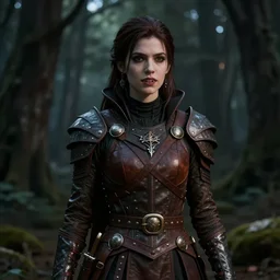 Establishing shot, dramatic atmospheric dark forest scenery, girl with vampire-fangs clad in modest hide leather armor, hyperdetailed, artstation, cgsociety, 8k
