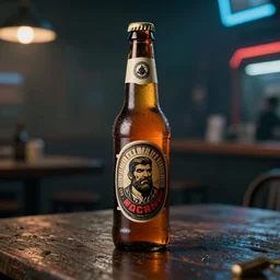 photo of a beer bottle on the table, ultra realistic, ray tracing, ultra detailed, manly design, cyberpunk, award winning photography, trending on artstation