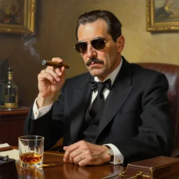beautiful oil matte portrait painting, mafia boss holding a cigar and drinking whiskey at his 5 0 s new york office desk, wonderful masterpiece highly detailed, beautiful cinematic light deep focus, elegant, digital painting, smooth, sharp focus, golden ratio, dramatic illumination, ultra realistic, 8 k, art by jimmy law