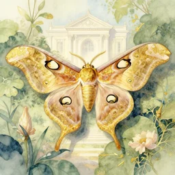 faerie hawkmoth in the garden of the palace. this watercolor and gold leaf work by the award - winning mangaka has a beautiful composition and intricate details.