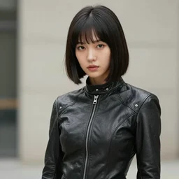 youthful asian demure, exquisite features, feminine cut, frontiers in flight leather suit, blade runner