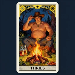 a dramatic, ethereal tarot painting of a handsome thicc shirtless mischievous cowboy with a beer belly sitting behind a campfire at night with food and jugs of whisky | tarot!! card, art deco, art nouveau | by Mark Maggiori | trending on artstation