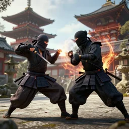 an action fight scene between a samurai and a ninja, unreal engine, hyper realistic, high detail, cinematic, magic, japan, temples,