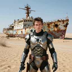 1 9 9 3, disposable camera, flash, pov, super 8 mm, snake plissken in sci - fi armor, guns, a rotten, derelict ship in the desert in the background