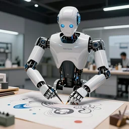a robot with many arms creating artwork