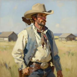 cowboy arthur morgan, old west painting by jc leyendecker!! phil hale!, angular, brush strokes, painterly, vintage, crisp