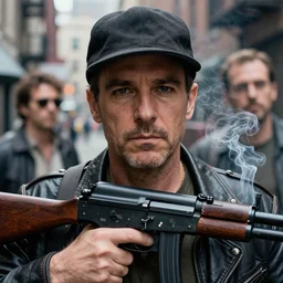 closeup portrait of a mobster with a thompson submachine gun a smoky new york back street , by Steve McCurry and David Lazar, natural light, detailed face, CANON Eos C300, ƒ1.8, 35mm, 8K, medium-format print
