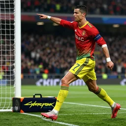 cristiano ronaldo taking a penalty shot, a page from cyberpunk 2 0 2 0, style of paolo parente, style of mike jackson, adam smasher, johnny silverhand, 1 9 9 0 s comic book style, white background, ink drawing, black and white