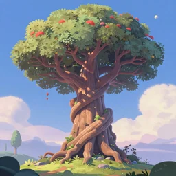 extremely tall ancient knotted twisted otherworldly tree connected to space and time :: cel shading, toon shading, dreamworks, dreamworks animation style, pastel colors, lots of colors, colorful, 3D rendered by substance designer, substance designer render