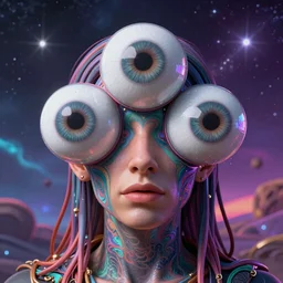 portrait of psychedelic god with three eyes, eyeballs, cosmic landscape, psychedelic synthwave, Noah Bradley, Simon Stålenhag, Peter Max, 3D render