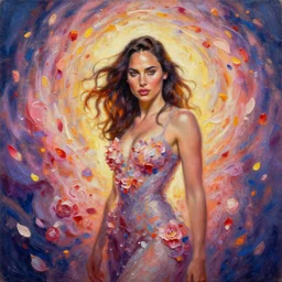 Flower storm portrait of Gal Gadot, vortex of petals and radiant light, in the style of Jenny Saville, highly detailed palette knife oil painting, thick impasto
