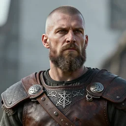 a hyperrealistic render of a 9 th century viking, extremely pronounced masculine features, leather armor with nordic religious decorations, low dutch angle, face in focus, natural lighting, realism, nordic facial structure, muscular, unreal engine 5, octane