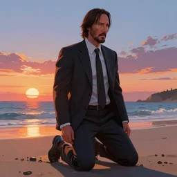 a kneeling highly detailed full body portrait of john wick on a beach, looking into the sunset, concept art by jama jurabaev cel shaded cinematic shot trending on artstation high quality brush stroke hyperspace vibrant