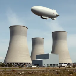 Diesel punk Chernobyl nuclear power plant with zeppelin in the sky