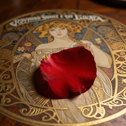 a single red rose petal rests on a wooden table with delicate gold filigree, close up view, dramatic lighting, DOF, art nouveau, intricate artwork by Raymond Swanland and Ruan Jia