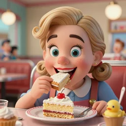 closeup face portrait of a tin toy anya tayolr - joy eating cakes in a 1 9 5 0 s diner, by nicoletta ceccoli, mark ryden, lostfish, max fleischer, depth of field, detailed and intricate environment, 8 k resolution, hyperrealistic, octane render