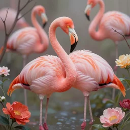 beautiful flamingo surrounded by vibrant flowers and twigs, highly detailed art, smooth, dreamy, matte finish, digital painting, trending on artstation, 4 k, 8 k
