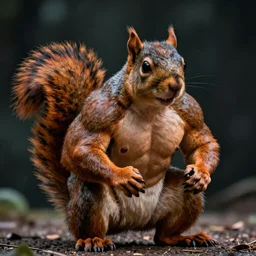 A muscular strong squirrel, movie shot, photorealistic, ultra detailed, depth of field, Vibrant colors, studio shot, cinematic, dark atmosphere, sharp focus, bokeh, 8k