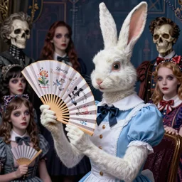 Alice fans herself with the White Rabbit's fan and shrinks again,highly detailed,half skull face,cinematic,8k,by Stanley Artgermm,Tom Bagshaw,Greg Rutkowski,Carne Griffiths, Ayami Kojima, Beksinski, Giger,trending on DeviantArt,hyper detailed,horror, full of colour