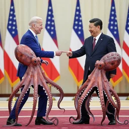 Joe Biden and Xi Jinping dressed as octopuses and fighting each other