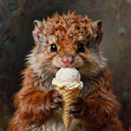 beautiful realistic portrait of the cutest adorable kobold eating icecream, extremely high details quality, bao phan, viktor safonkin, bruce pennington, larry elmore, norman rockwell, intricate, hyperrealistic oil painting on canvas, deep depth field, hd, hdr, 4 k, 8 k
