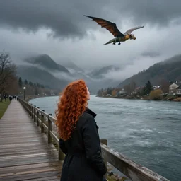 a photo of a woman with curly long redhair standing in a boardwalk besides a river looking at a dragon flying out of the mountains in a fog during a thunderous weather