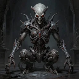 professional concept art symmetrical portrait of a horror mechanical nightmare species in a dark room by artgerm and greg rutkowski. an intricate, elegant, highly detailed digital painting, abstraction, concept art, smooth, sharp focus, illustration, in the style of cam sykes.