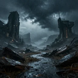 Dystopian wasteland, cinematic style, ultra realistic, dark, rain, HDR