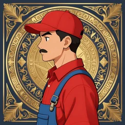 a side profile portrait of a man with a mustache wearing a red shirt, blue overalls, and a red cap, art by bayard wu, anime, digital illustration, ornate details,