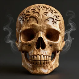 3D epic wooden skull emits poisonus gas, inlaid, arboreal, complex, symmetrical, deadly, elegant, 4k, artstation, blender, 16: 9