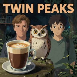 Twin Peaks poster artwork by Michael Whelan and Tomer Hanuka, damn fine coffee, owl by Makoto Shinkai and thomas kinkade, Matte painting, trending on artstation and unreal engine