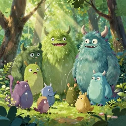 lab to create cute monsters and creatures, playing on the glass surrounded by trees, showered by sunlight, natural lighting, playful color scheme, intricate details, matte painting, illustration, by hayao miyazaki